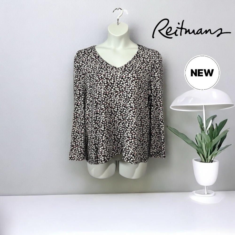 NWOT, Reitmans, Plus Size Long-Sleeve V-Neck Tee, XXL, White, Black, Pink